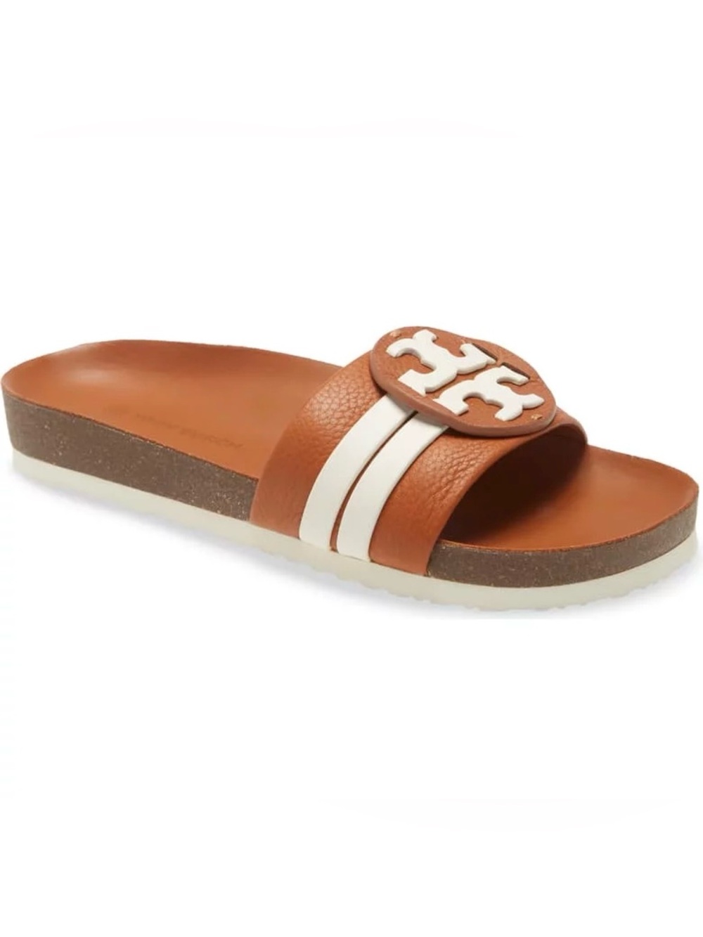 Tory Burch Leight Cloud Brown Sandal Slides with White Logo Stripes 10M